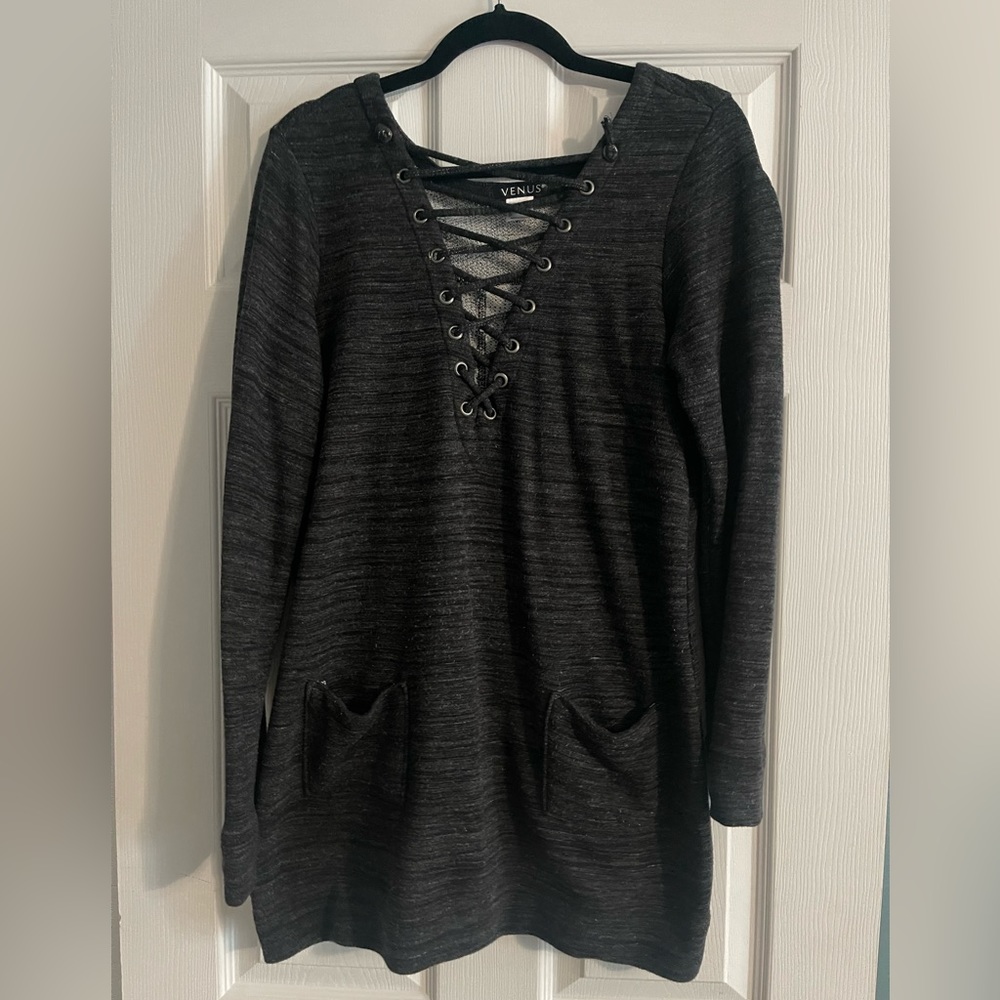 Marled dark gray lace up long sweatshirt dress with pockets
